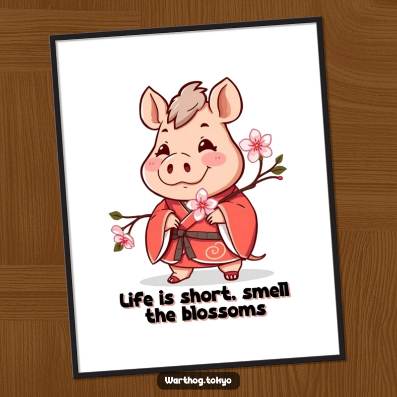 Funny Free Printable Warthog Wall Art: A cheerful warthog in a red kimono holding a blooming cherry blossom, evoking spring.