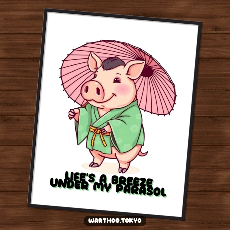 Funny Free Printable Warthog Wall Art: A plump warthog in a green kimono playfully balancing a parasol, adding whimsy.