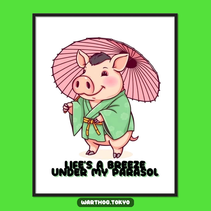 Free Printable Warthog Wall Art: Green Kimono Parasol Playful Decor, Downloadable