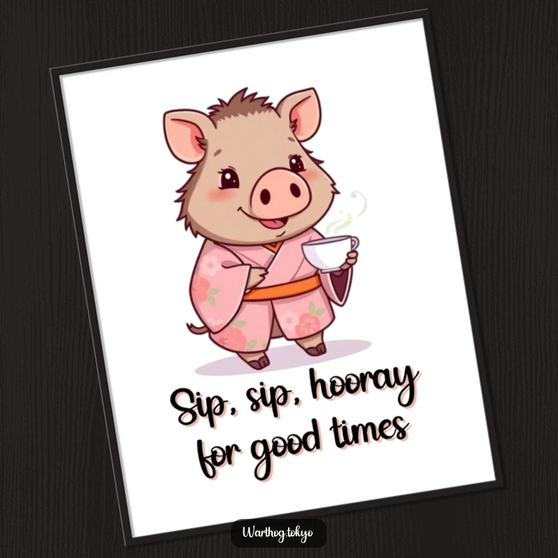 Funny Free Printable Warthog Wall Art: A warthog in a pink floral kimono offers a teacup, exuding calm and charm.