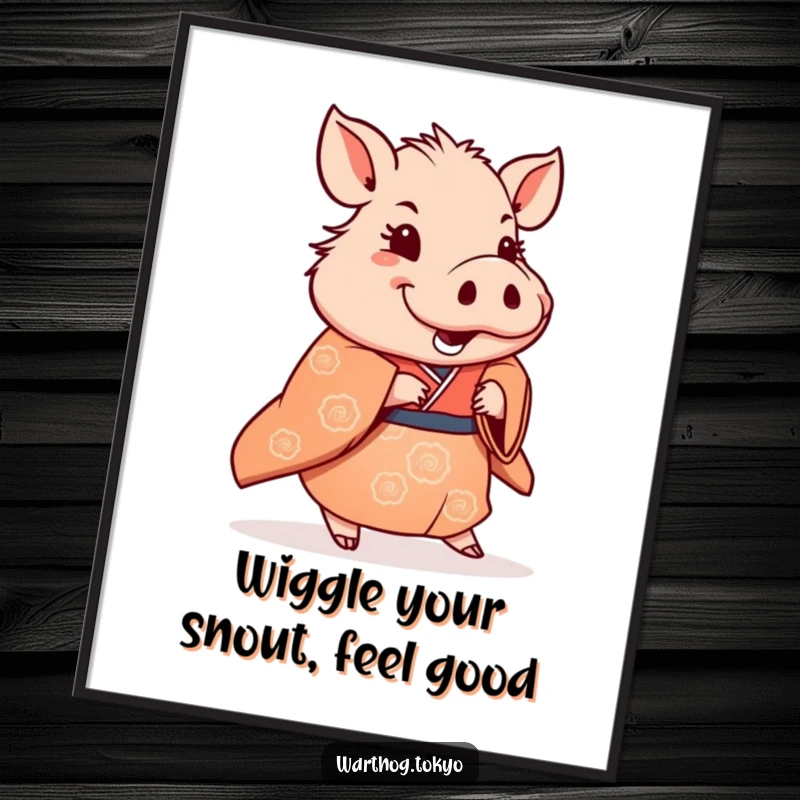 Funny Free Printable Wall Art: Warthog in a traditional kimono doing a subtle, happy shuffle, bringing cheerful vibes.