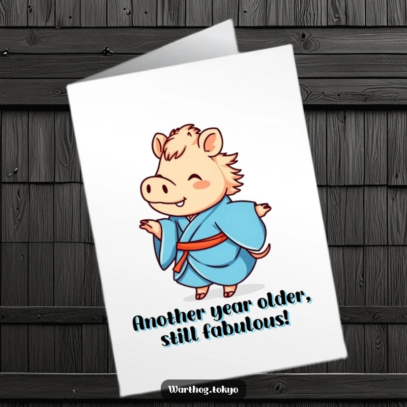 Funny Free Printable Warthog Birthday Card: Cute warthog in blue kimono twirling with joy, ready for a celebration.