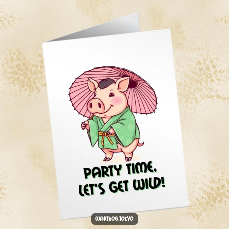 Funny Free Printable Warthog Birthday Card: Plump warthog in green kimono playfully balancing a parasol for a birthday.