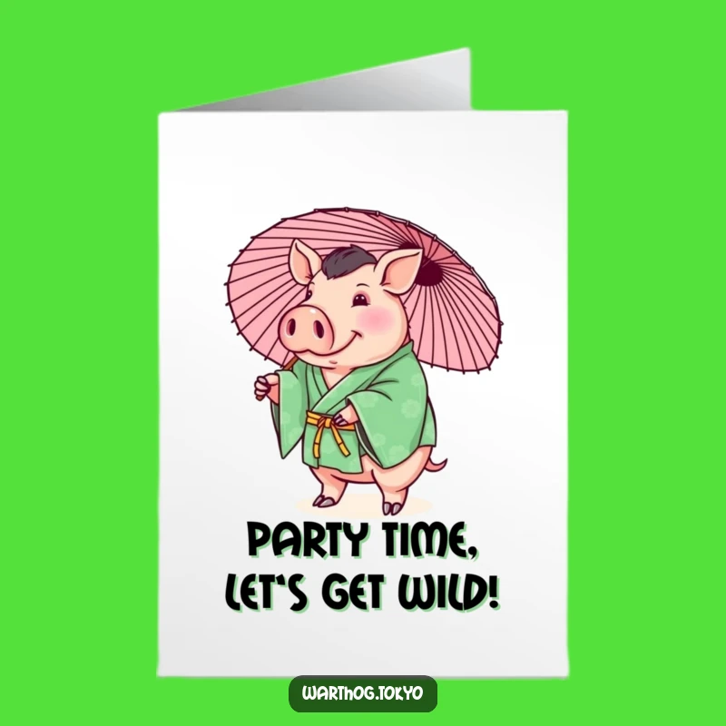 Free Printable Warthog Birthday Card: Green Kimono Parasol Fun, Downloadable Gift