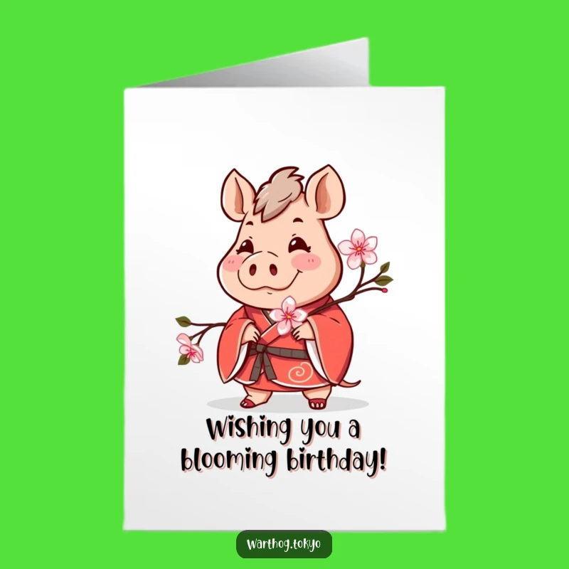 Free Printable Warthog Birthday Card: Red Kimono Cherry Blossom, Downloadable Gift