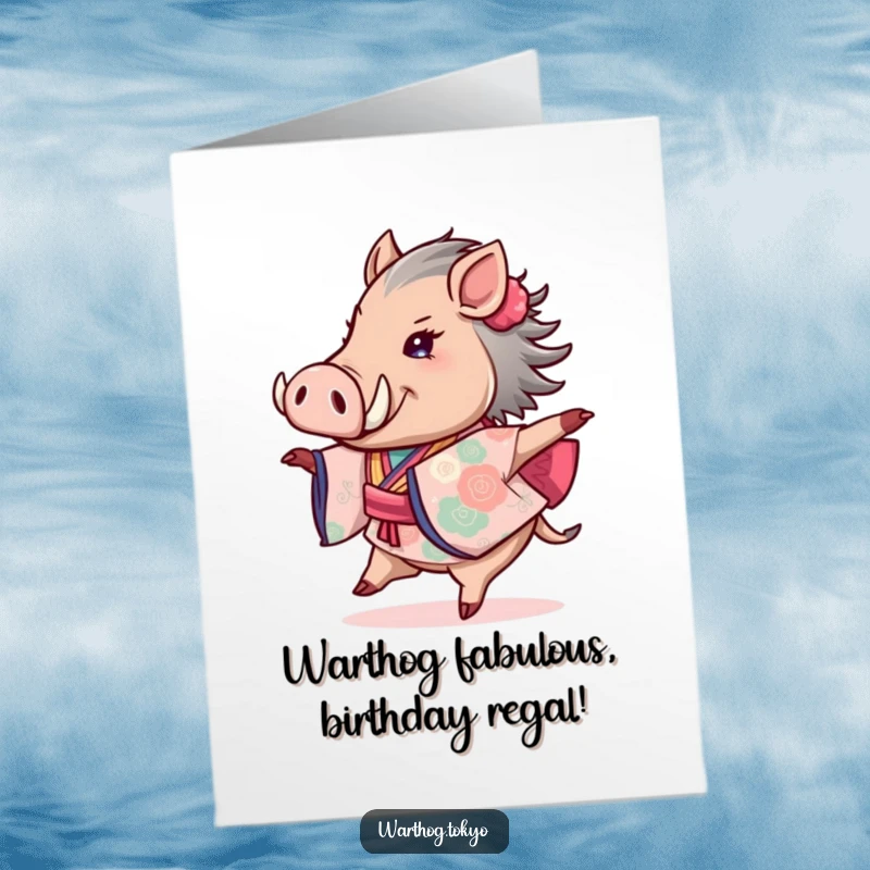 Funny Free Printable Birthday Card featuring a delighted warthog in a vibrant kimono, joyfully twirling for a special occasion.