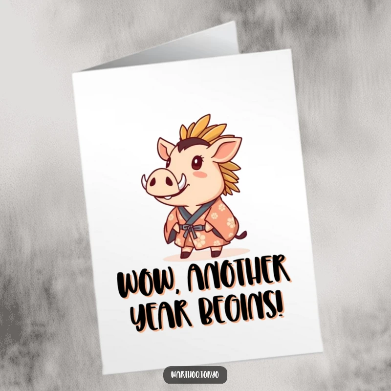 Funny Free Printable Birthday Card: Warthog in a crested kimono gazing upwards with wonder for a birthday wish.