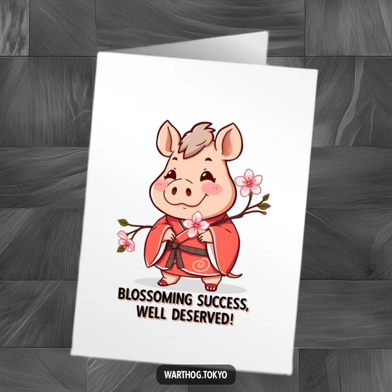 Funny Free Printable Warthog Congrats Card: Cheerful warthog in red kimono holding a cherry blossom, celebrating success.