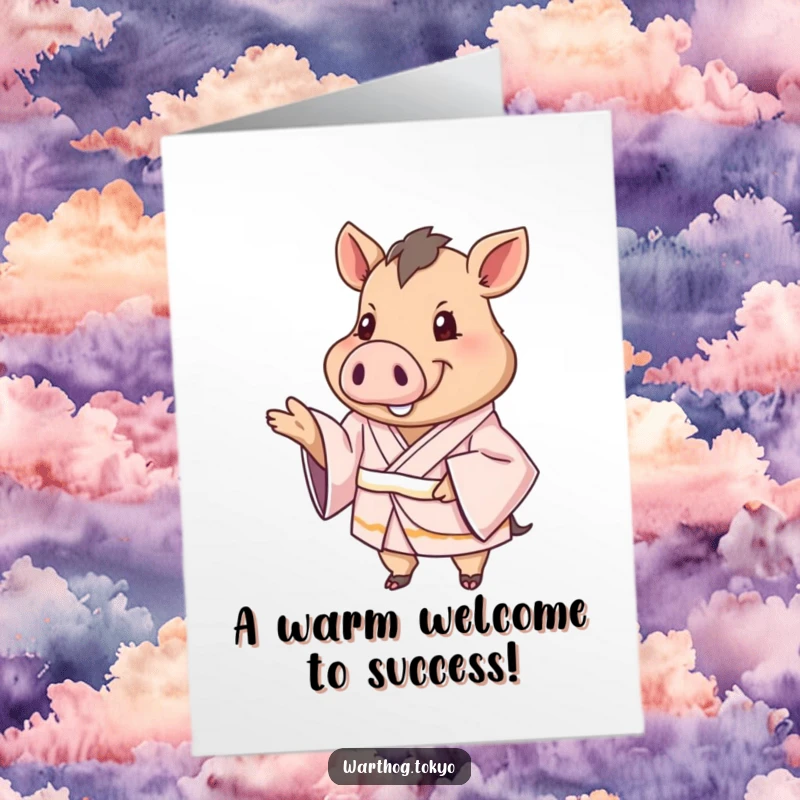 Funny Free Printable Congratulations Card: Warthog wearing a silken kimono, extending a paw in a congratulatory greeting.