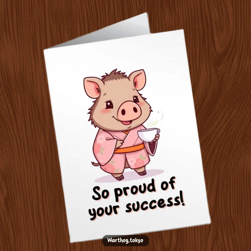 Funny Free Printable Warthog Congrats Card: Warthog in pink floral kimono offering tea with a smile, celebrating success.