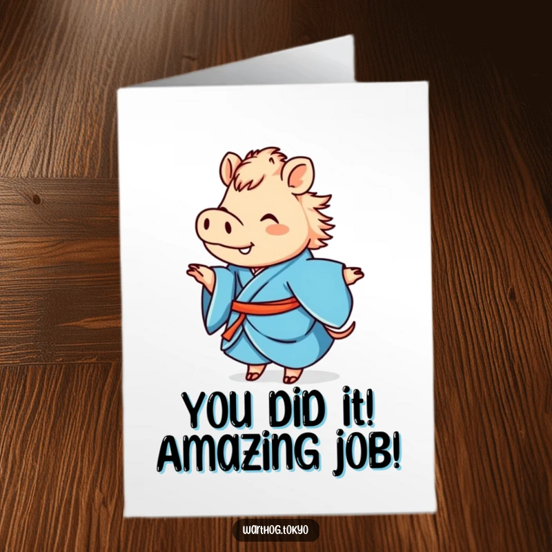 Funny Free Printable Warthog Congrats Card: Adorable warthog in a blue kimono joyfully twirling to celebrate achievements.
