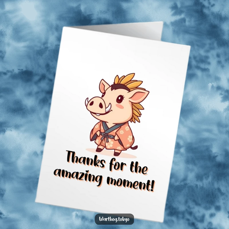 Funny Free Printable Thank You Card: Warthog in a crested kimono gazing upwards with wonder, expressing thanks.