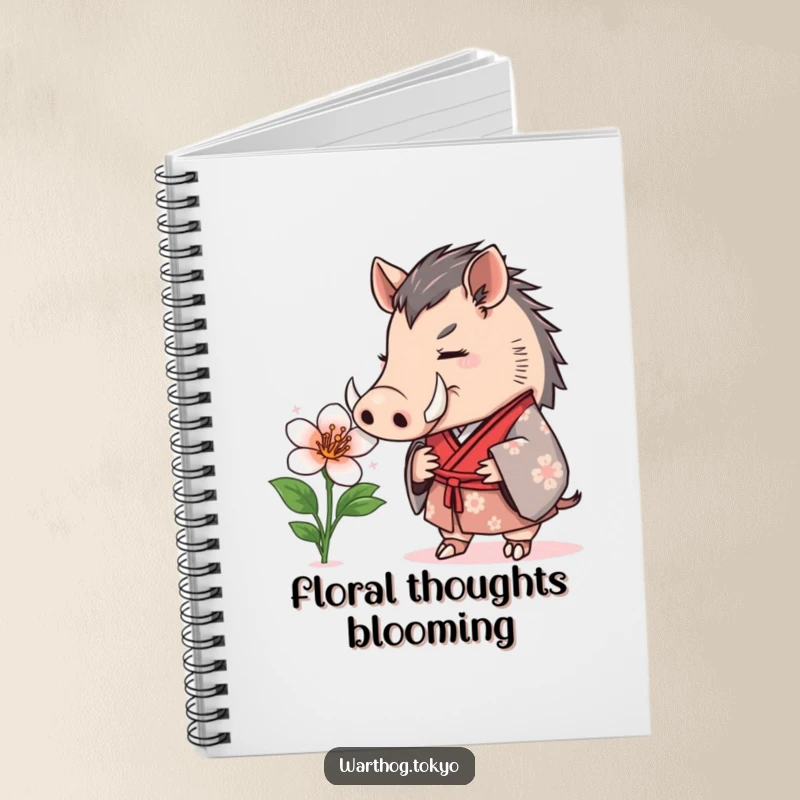 Funny Notebook: Warthog in a formal kimono curiously sniffing a blooming flower, ideal for jotting down creative ideas.