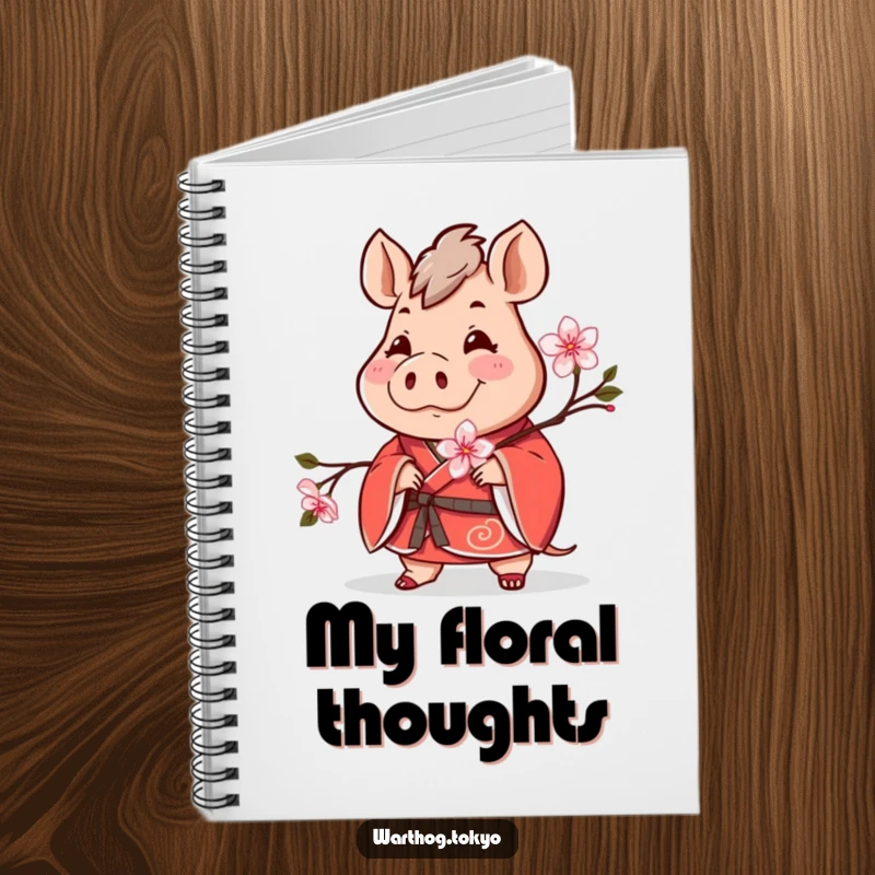 Funny notebook with a cheerful warthog in a red kimono holding a blooming cherry blossom, perfect for notes and funny gifts.
