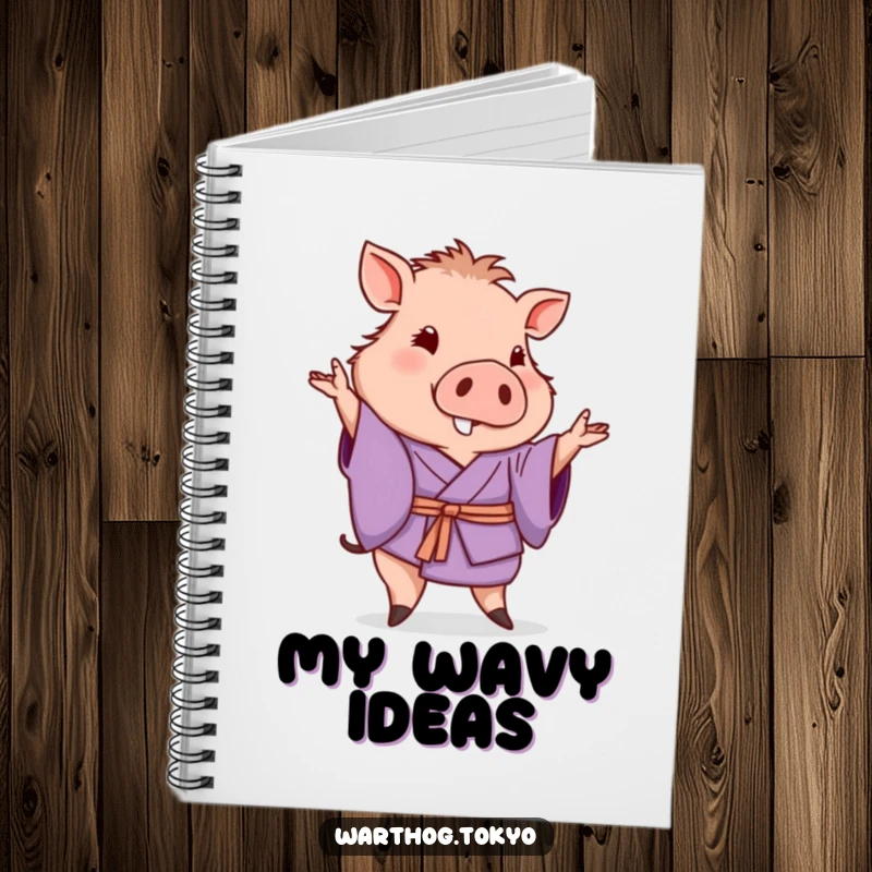 Funny notebook with a warthog in a purple kimono posing with a gentle wave, perfect for notes and funny gifts.