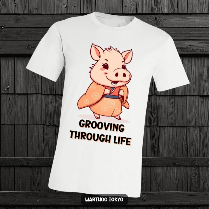 Funny T-Shirt: A warthog wearing a traditional kimono, doing a subtle and happy dance shuffle, radiating pure joy.