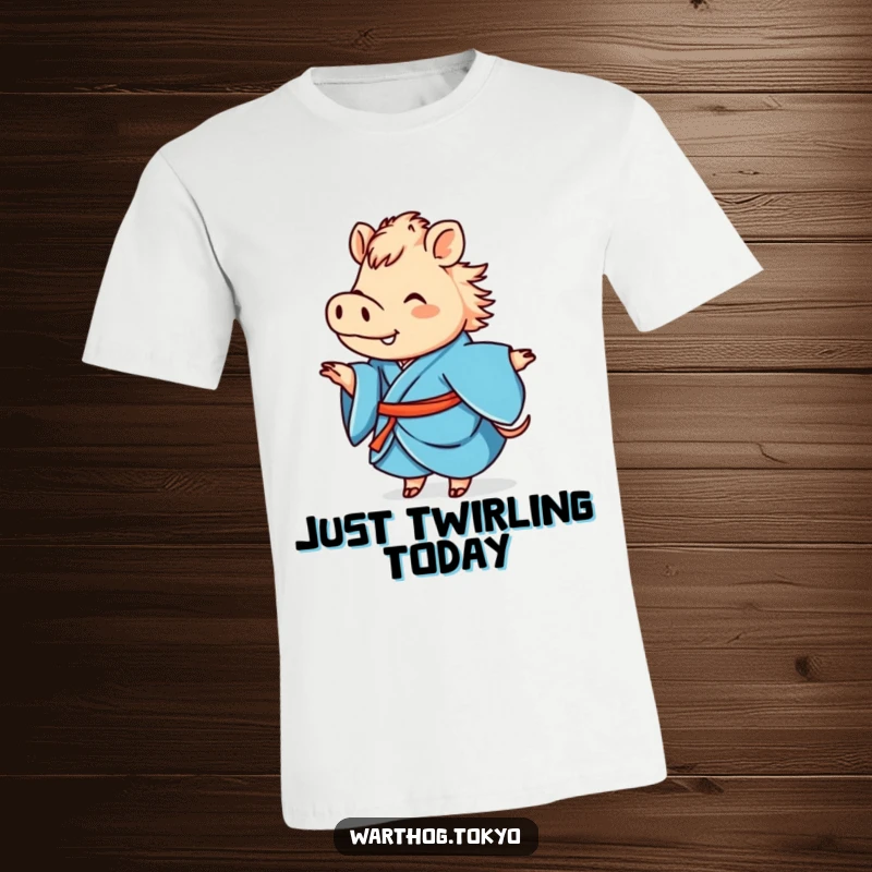 Funny cute warthog in a vibrant blue kimono, happily twirling, perfect for a funny t-shirt gift.