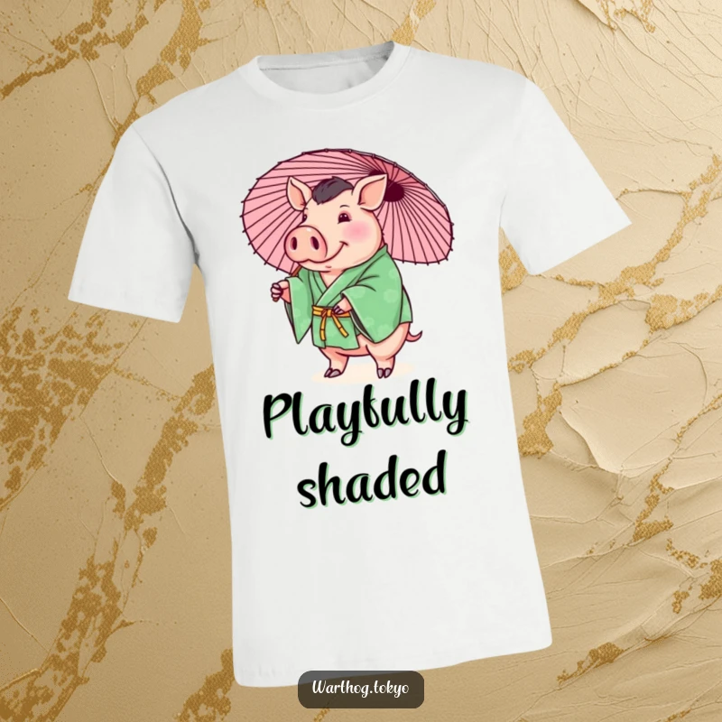 Funny t-shirt with a plump warthog in a green kimono playfully balancing a parasol, perfect funny gift.