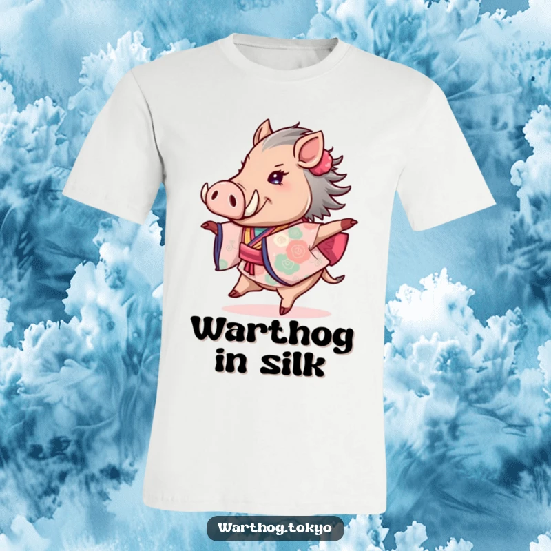 Funny T-shirt showcasing a happy warthog spinning gracefully in a beautiful, brightly patterned kimono, full of life and fun.