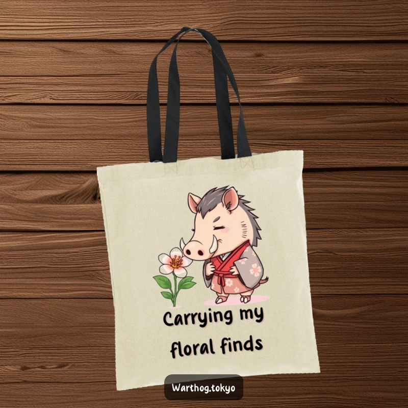 Funny Tote Bag: Warthog in a formal kimono curiously sniffing a blooming flower, a stylish accessory for nature lovers.