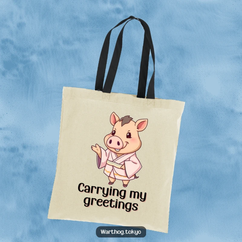 Funny Tote Bag: Warthog in a silken kimono extending a paw in greeting, a stylish accessory for spreading warmth.