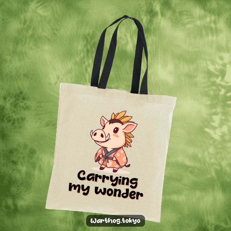 Funny Tote Bag: Warthog in a crested kimono gazing upwards with wonder, a stylish accessory for the contemplative.