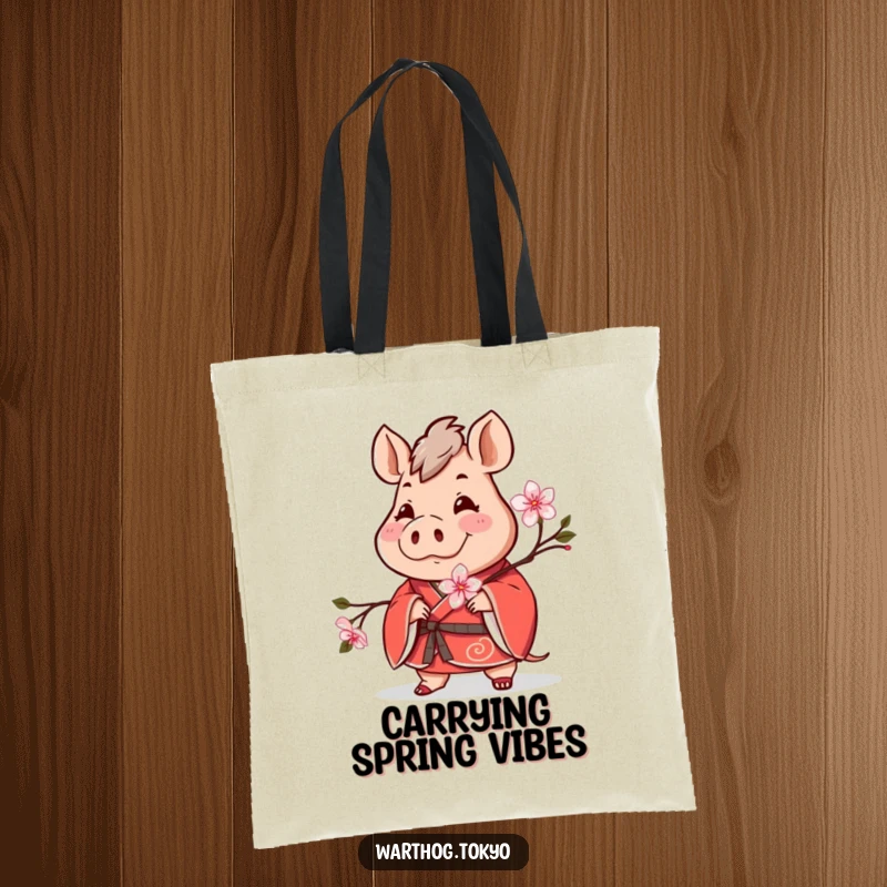 Funny tote bag with a cheerful warthog in a red kimono holding a blooming cherry blossom, perfect funny gift.