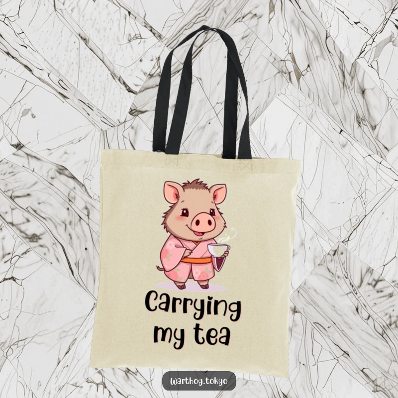 Funny tote bag with a warthog in a pink floral kimono smiling and offering a teacup, perfect funny gift.