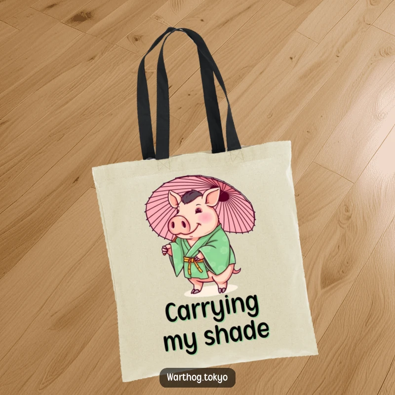 Funny tote bag with a plump warthog in a green kimono playfully balancing a parasol, perfect funny gift.