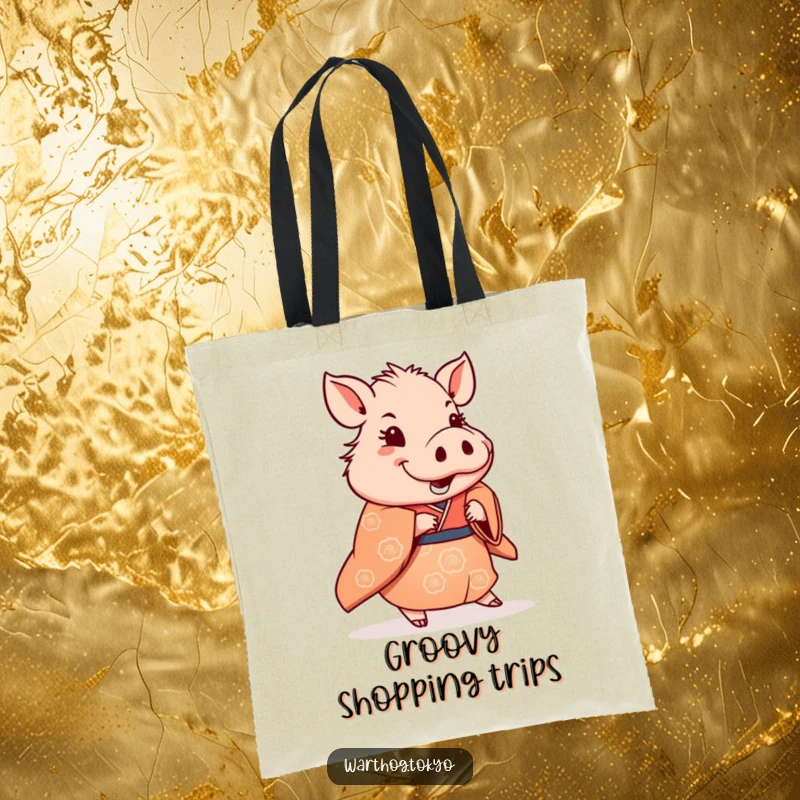 Funny Tote Bag: Warthog in a traditional kimono doing a subtle, happy shuffle, a stylish accessory for dancers.